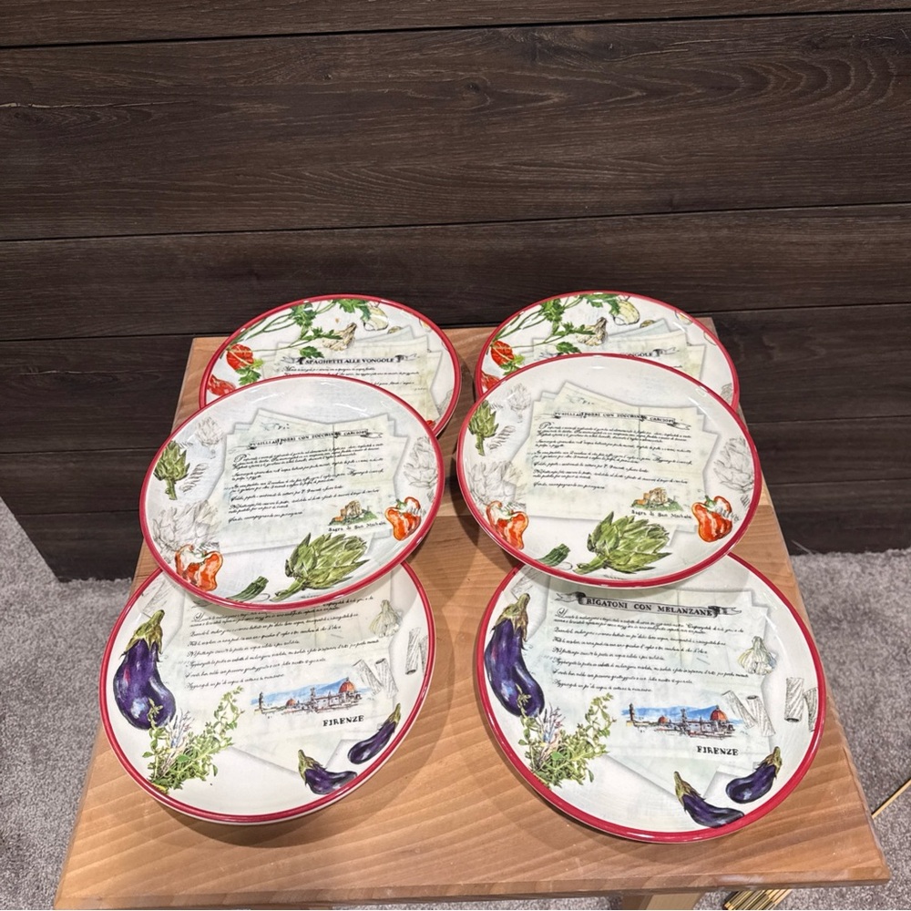 Williams Sonoma Ceramic Recipe Salad Plates with Red Rims  (Set of 6)